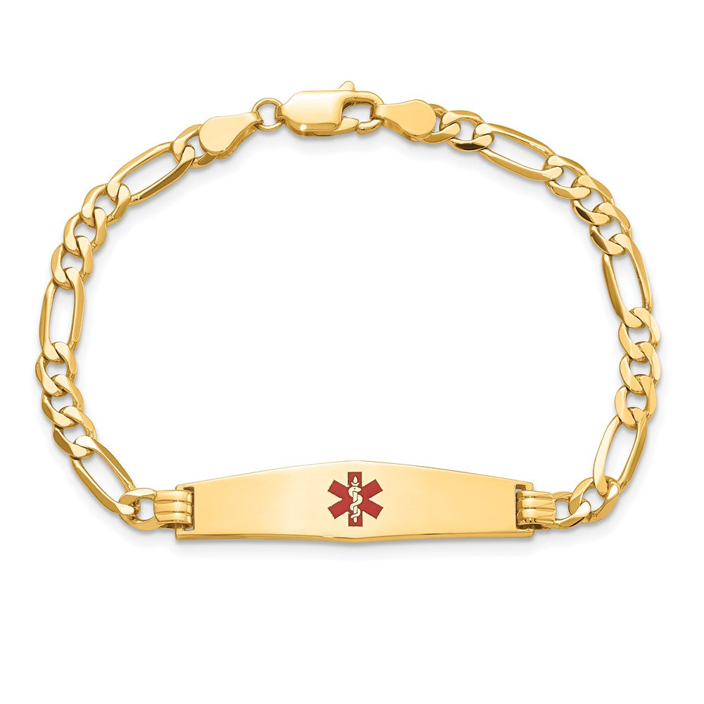 14K Medical Solid Chain/Solid Plate Soft Diamond Shape 33x8mm Centered Red Enamel Flat Figaro Link 8 inch ID Bracelet