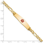 14K Medical Solid Chain/Solid Plate Soft Diamond Shape 33x8mm Centered Red Enamel Flat Figaro Link 8 inch ID Bracelet