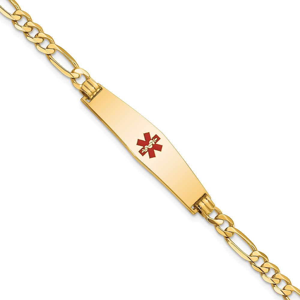 14K Medical Solid Chain/Solid Plate Soft Diamond Shape 33x8mm Centered Red Enamel Flat Figaro Link 8 inch ID Bracelet