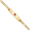 14K Medical Solid Chain/Solid Plate Soft Diamond Shape 33x8mm Centered Red Enamel Flat Figaro Link 8 inch ID Bracelet