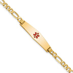 14K Medical Solid Chain/Solid Plate Soft Diamond Shape 33x8mm Centered Red Enamel Flat Figaro Link 8 inch ID Bracelet