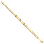 14K Medical Solid Chain/Solid Plate 34x6mm Centered Red Enamel Flat Figaro Link 7 inch ID Bracelet
