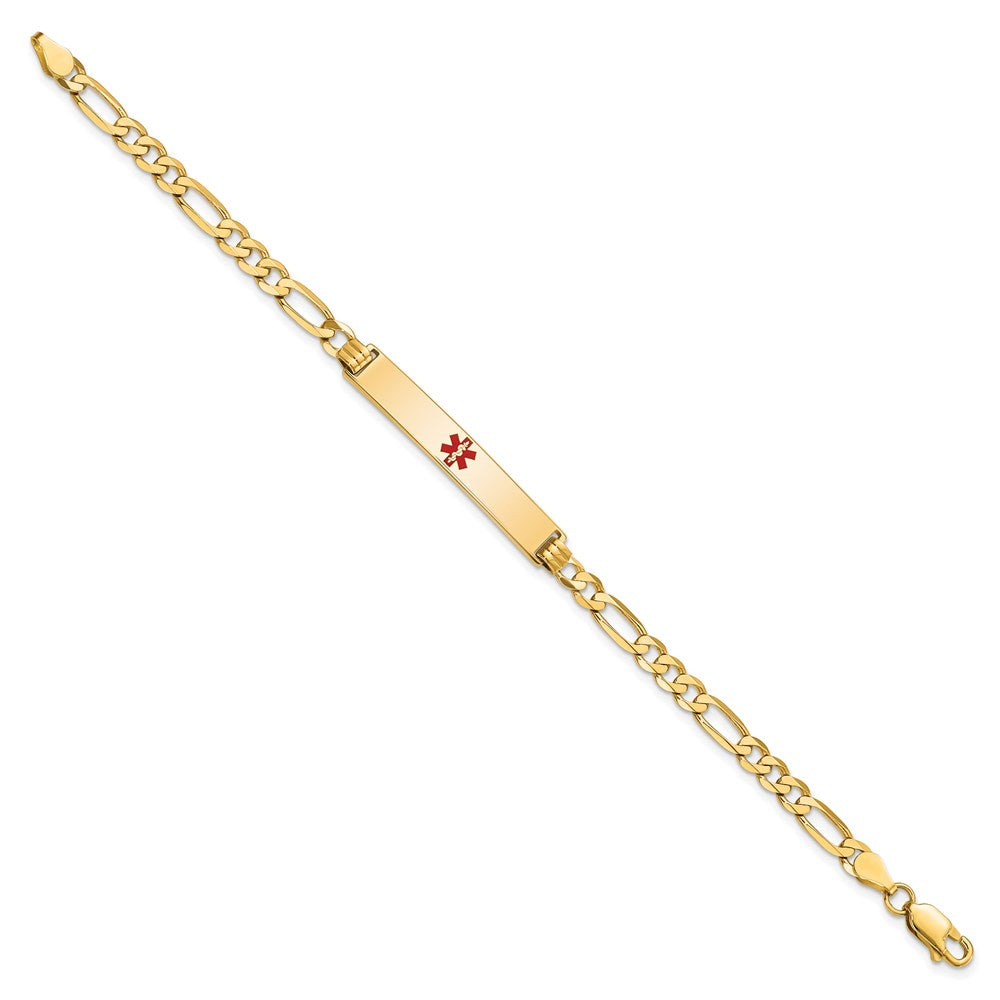14K Medical Solid Chain/Solid Plate 34x6mm Centered Red Enamel Flat Figaro Link 8 inch ID Bracelet