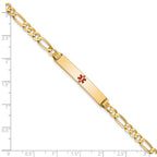 14K Medical Solid Chain/Solid Plate 34x6mm Centered Red Enamel Flat Figaro Link 8 inch ID Bracelet