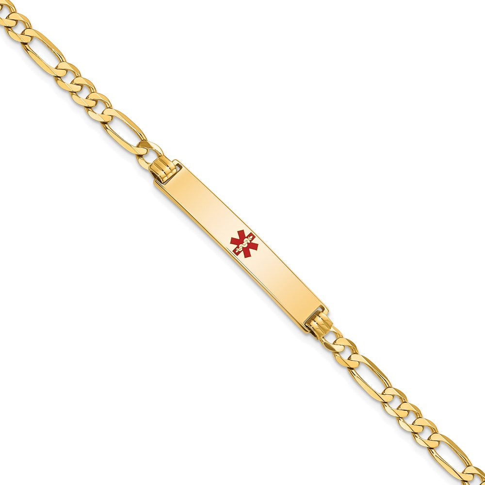 14K Medical Solid Chain/Solid Plate 34x6mm Centered Red Enamel Flat Figaro Link 8 inch ID Bracelet