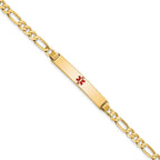 14K Medical Solid Chain/Solid Plate 34x6mm Centered Red Enamel Flat Figaro Link 8 inch ID Bracelet