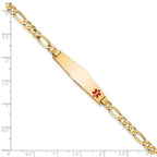 14K Medical Solid Chain/Solid Plate Soft Diamond Shape 33x8mm Off-Center Red Enamel Flat Figaro Link 7 inch ID Bracelet