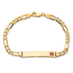 14K Medical Solid Chain/Solid Plate 33x6mm Off-Center Red Enamel Flat Figaro Link 8 inch ID Bracelet