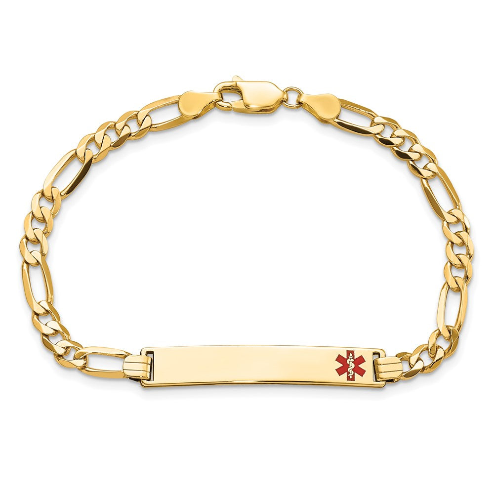 14K Medical Solid Chain/Solid Plate 33x6mm Off-Center Red Enamel Flat Figaro Link 8 inch ID Bracelet