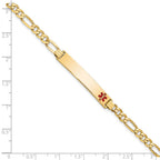 14K Medical Solid Chain/Solid Plate 33x6mm Off-Center Red Enamel Flat Figaro Link 7 inch ID Bracelet