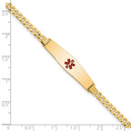14K Medical Solid Chain/Solid Plate Soft Diamond Shape 33x8mm Centered Red Enamel Flat Curb Link 7 inch ID Bracelet