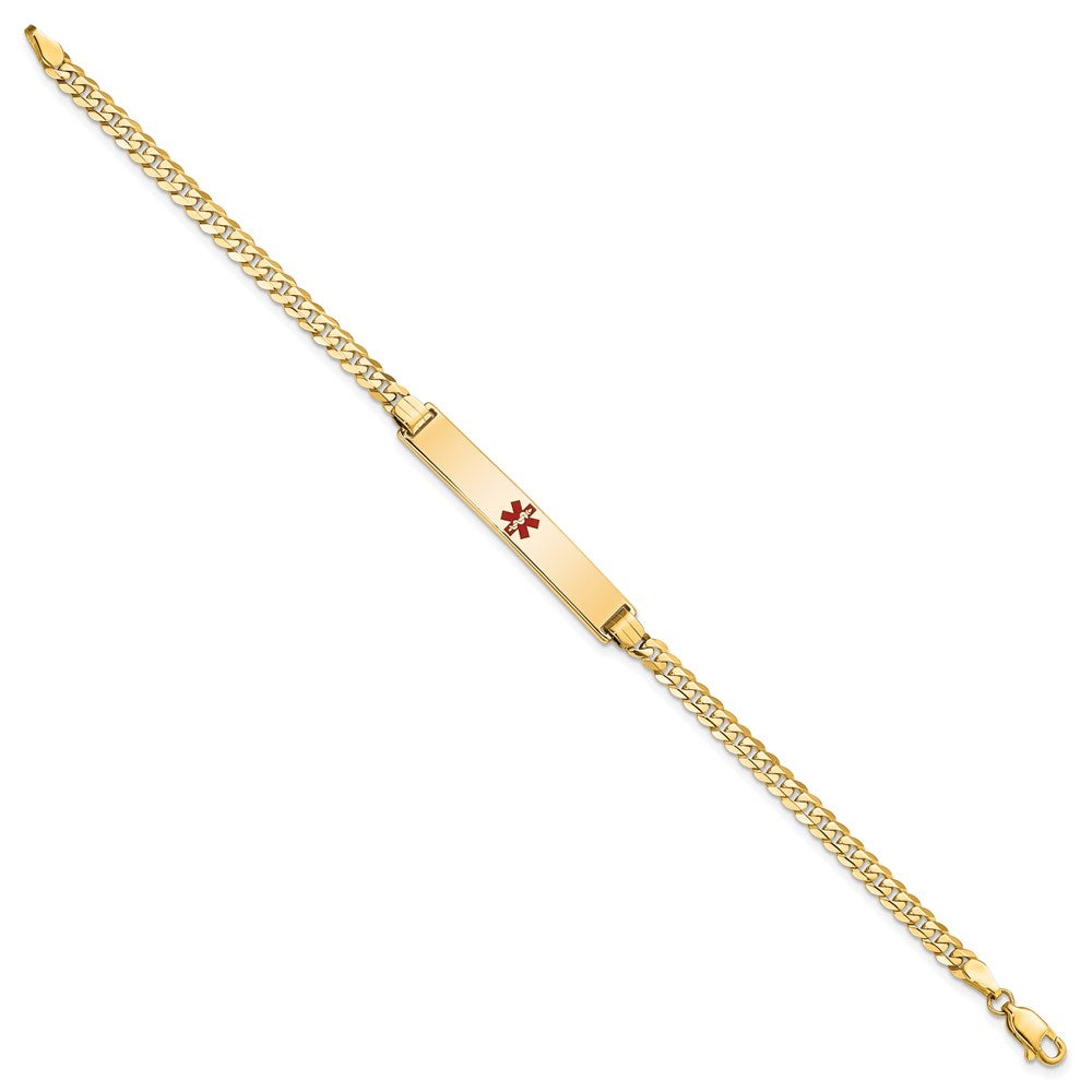 14K Medical Solid Chain/Solid Plate 34x6mm Centered Red Enamel Flat Curb Link 8 inch ID Bracelet