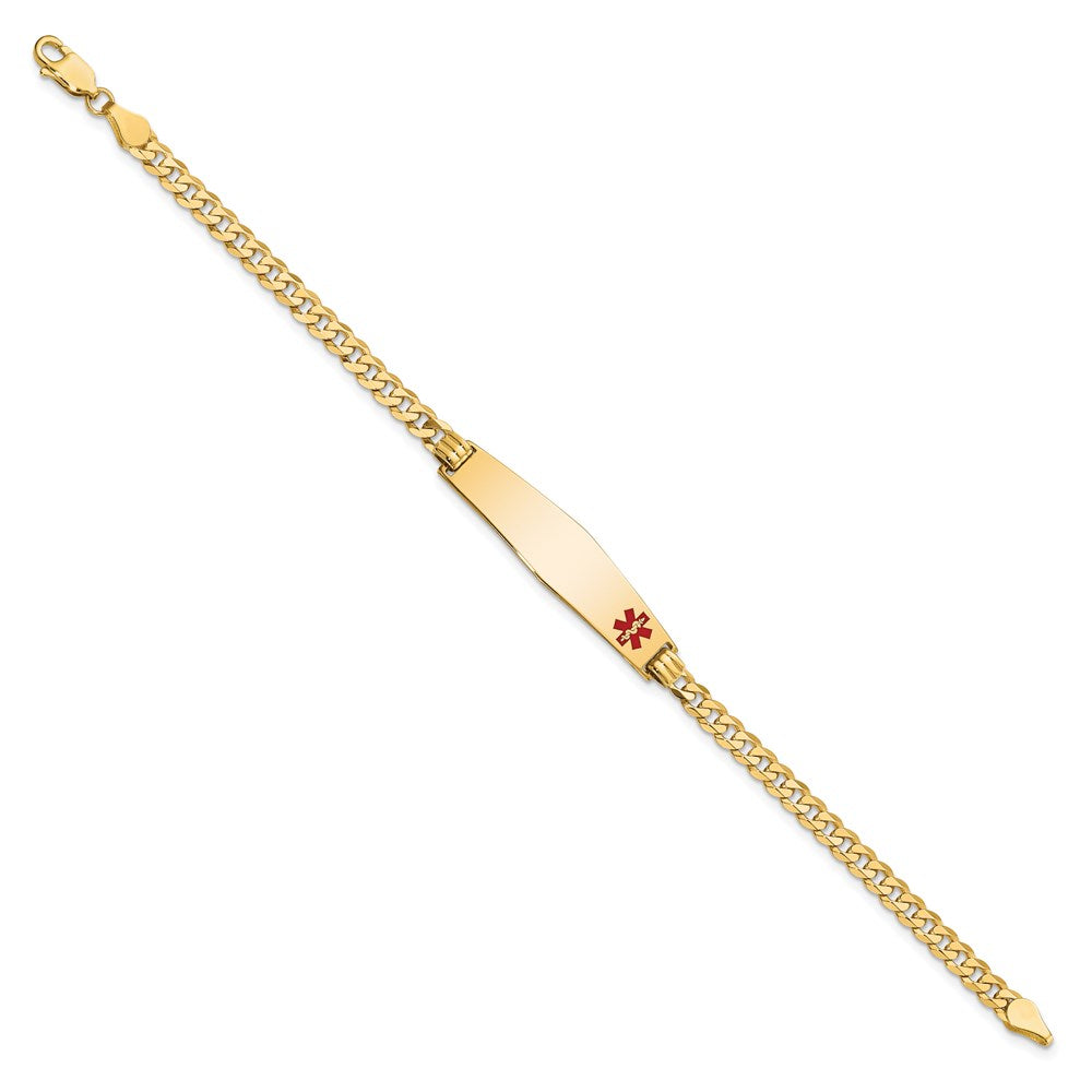14K Medical Solid Chain/Solid Plate Soft Diamond Shape 33x8mm Off-Center Red Enamel Flat Curb Link 7 inch ID Bracelet