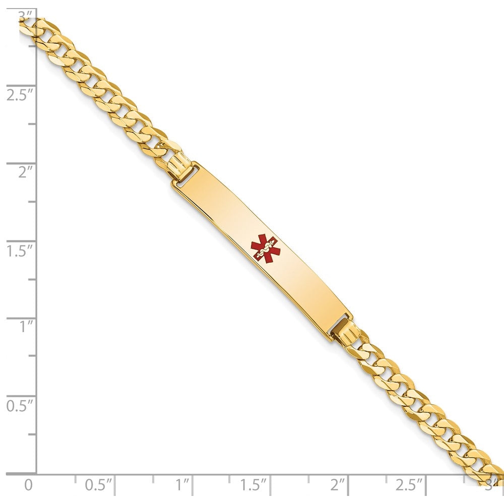 14K Medical Solid Chain/Solid Plate 34x6mm Centered Red Enamel Flat Curb Link 7 inch ID Bracelet