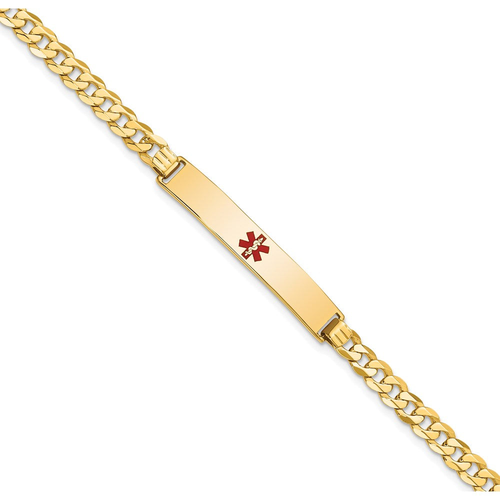 14K Medical Solid Chain/Solid Plate 34x6mm Centered Red Enamel Flat Curb Link 8 inch ID Bracelet
