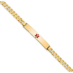 14K Medical Solid Chain/Solid Plate 34x6mm Centered Red Enamel Flat Curb Link 8 inch ID Bracelet