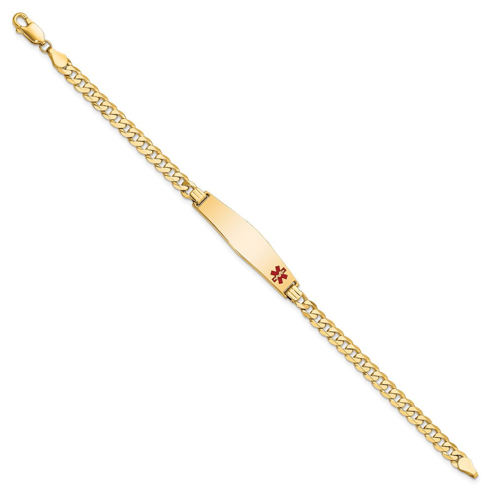 14K Medical Solid Chain/Solid Plate Soft Diamond Shape 33x8mm Off-Center Red Enamel Flat Curb Link 8 inch ID Bracelet