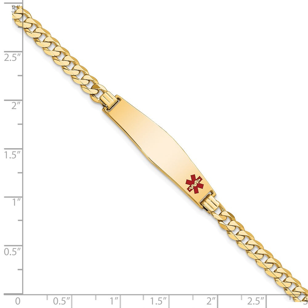 14K Medical Solid Chain/Solid Plate Soft Diamond Shape 33x8mm Off-Center Red Enamel Flat Curb Link 8 inch ID Bracelet