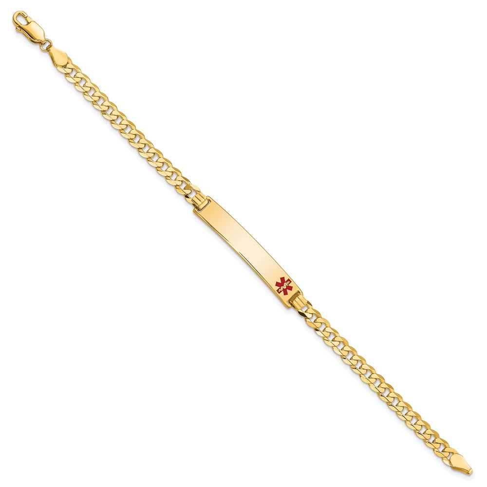 14K Medical Solid Chain/Solid Plate 33x6mm Off-Center Red Enamel Flat Curb Link 8 inch ID Bracelet