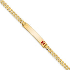 14K Medical Solid Chain/Solid Plate 33x6mm Off-Center Red Enamel Flat Curb Link 8 inch ID Bracelet