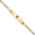 14K Medical Semi-Solid Chain/Solid Plate Soft Diamond Shape 33x8mm Centered Red Enamel Figaro Link 8 inch ID Bracelet