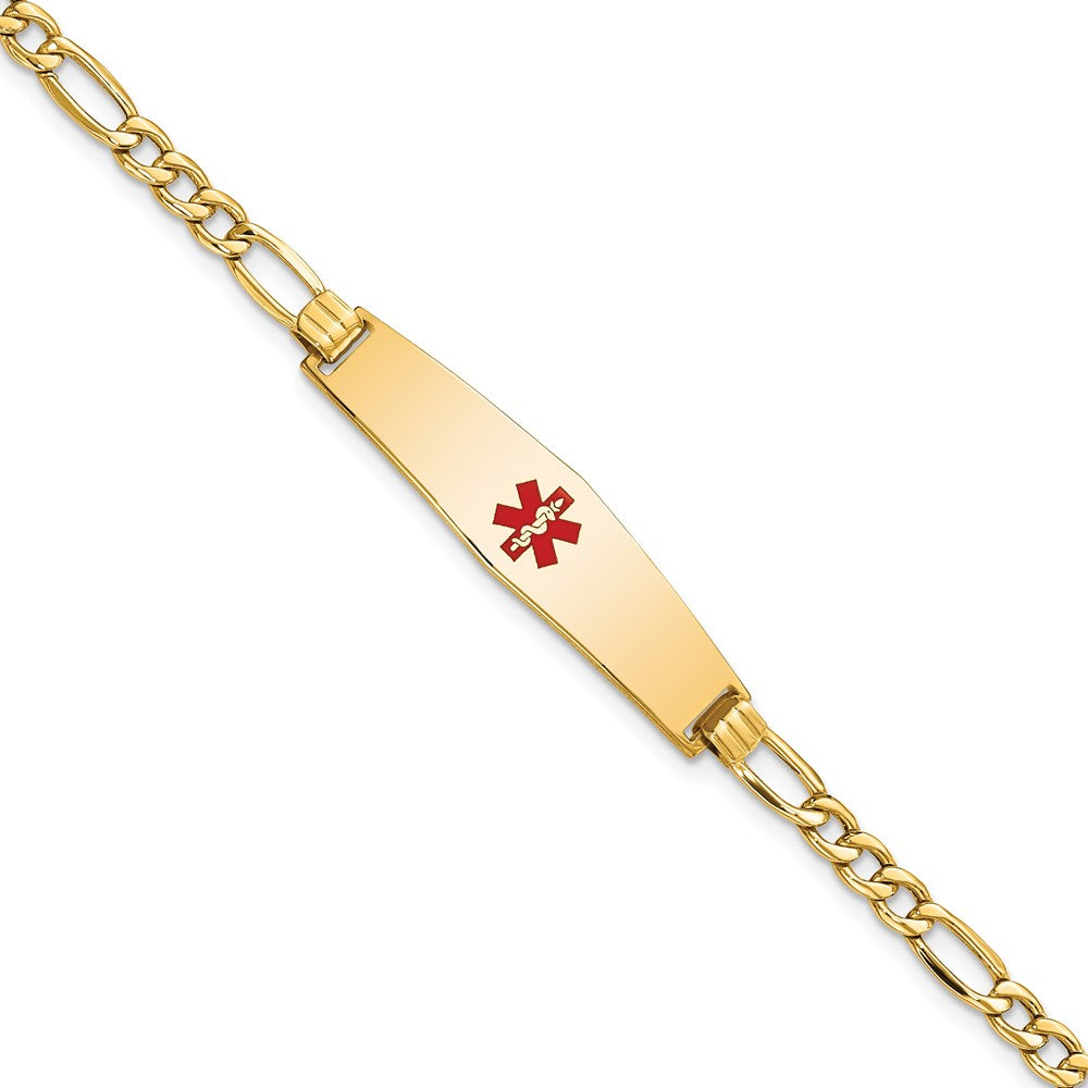 14K Medical Semi-Solid Chain/Solid Plate Soft Diamond Shape 33x8mm Centered Red Enamel Figaro Link 8 inch ID Bracelet
