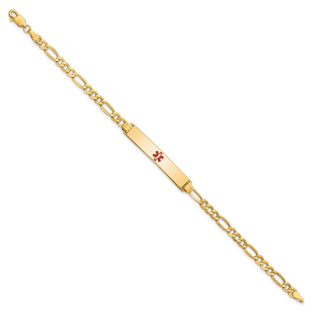 14K Medical Semi-Solid Chain/Solid Plate 34x6mm Centered Red Enamel Figaro Link 8 inch ID Bracelet