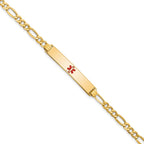 14K Medical Semi-Solid Chain/Solid Plate 34x6mm Centered Red Enamel Figaro Link 8 inch ID Bracelet