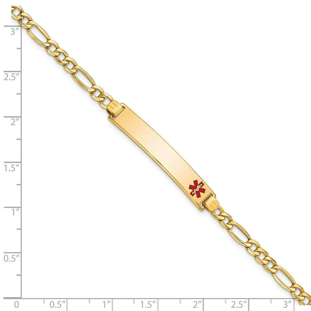 14K Medical Semi-Solid Chain/Solid Plate 35x6mm Off-Center Red Enamel Figaro Link 7 inch ID Bracelet