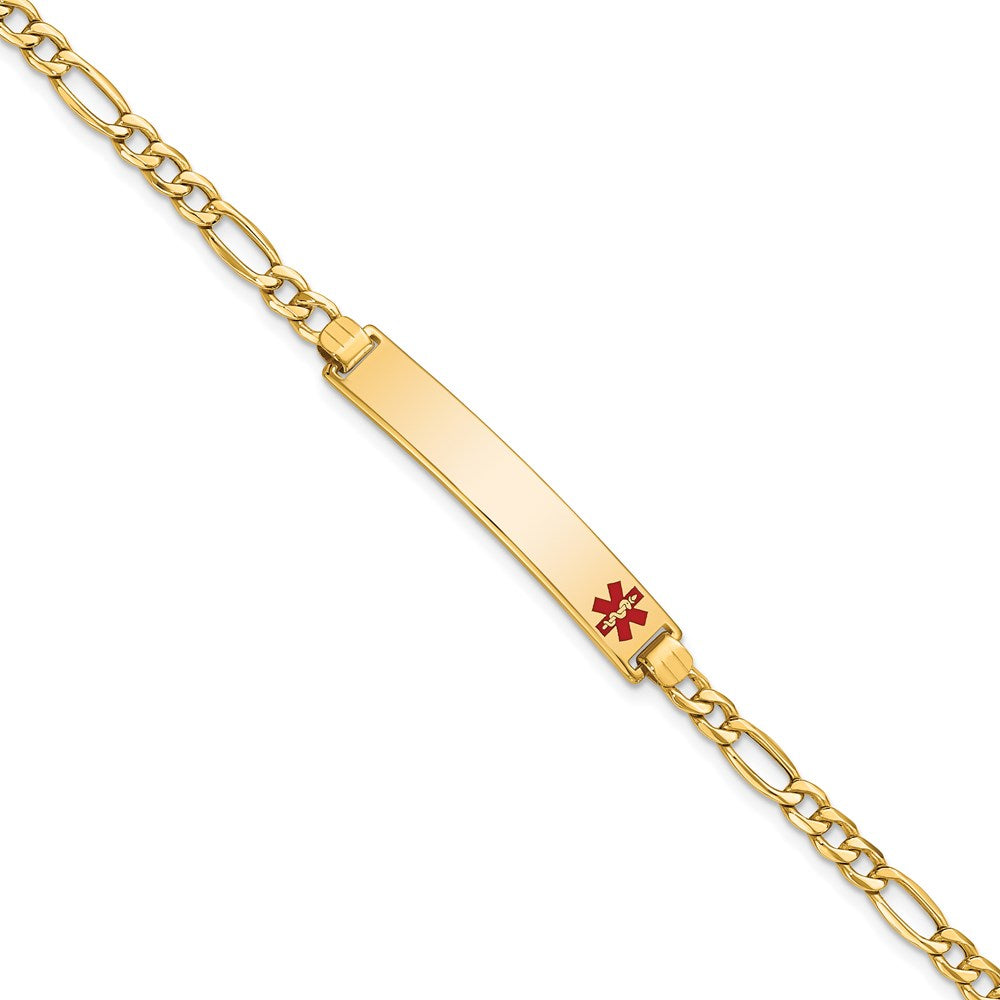 14K Medical Semi-Solid Chain/Solid Plate 35x6mm Off-Center Red Enamel Figaro Link 8 inch ID Bracelet