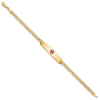 14K Medical Semi-Solid Chain/Solid Plate Soft Diamond Shape 33x8mm Centered Red Enamel Curb Link 7 inch ID Bracelet