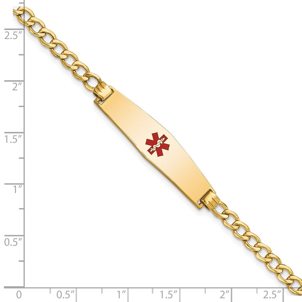 14K Medical Semi-Solid Chain/Solid Plate Soft Diamond Shape 33x8mm Centered Red Enamel Curb Link 8 inch ID Bracelet
