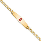 14K Medical Semi-Solid Chain/Solid Plate Soft Diamond Shape 33x8mm Centered Red Enamel Curb Link 7 inch ID Bracelet