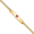 14K Medical Semi-Solid Chain/Solid Plate Soft Diamond Shape 33x8mm Centered Red Enamel Curb Link 8 inch ID Bracelet