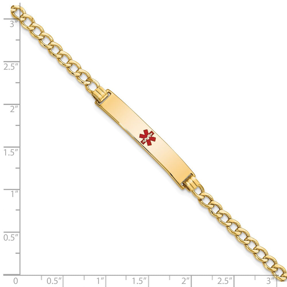 14K Medical Semi-Solid Chain/Solid Plate 34x6mm Centered Red Enamel Curb Link 7 inch ID Bracelet