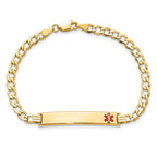 14K Medical Semi-Solid Chain/Solid Plate 35x6mm Off-Center Red Enamel Curb Link 7 inch ID Bracelet