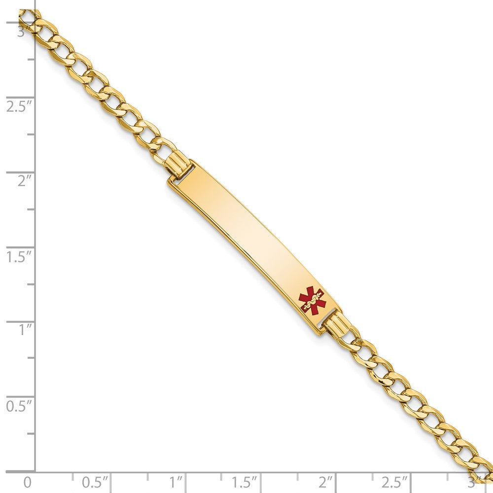 14K Medical Semi-Solid Chain/Solid Plate 35x6mm Off-Center Red Enamel Curb Link 7 inch ID Bracelet