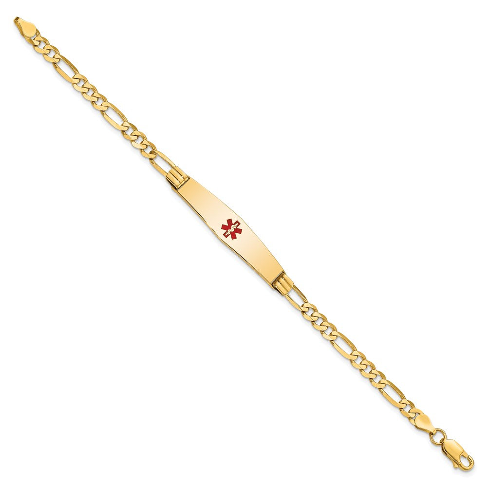 14K Medical Solid Chain/Solid Plate Soft Diamond Shape 36x9mm Centered Red Enamel Figaro Link 7 inch ID Bracelet