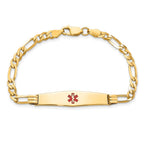 14K Medical Solid Chain/Solid Plate Soft Diamond Shape 36x9mm Centered Red Enamel Figaro Link 8 inch ID Bracelet
