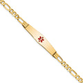 14K Medical Solid Chain/Solid Plate Soft Diamond Shape 36x9mm Centered Red Enamel Figaro Link 8 inch ID Bracelet