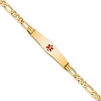 14K Medical Solid Chain/Solid Plate Soft Diamond Shape 36x9mm Centered Red Enamel Figaro Link 8 inch ID Bracelet