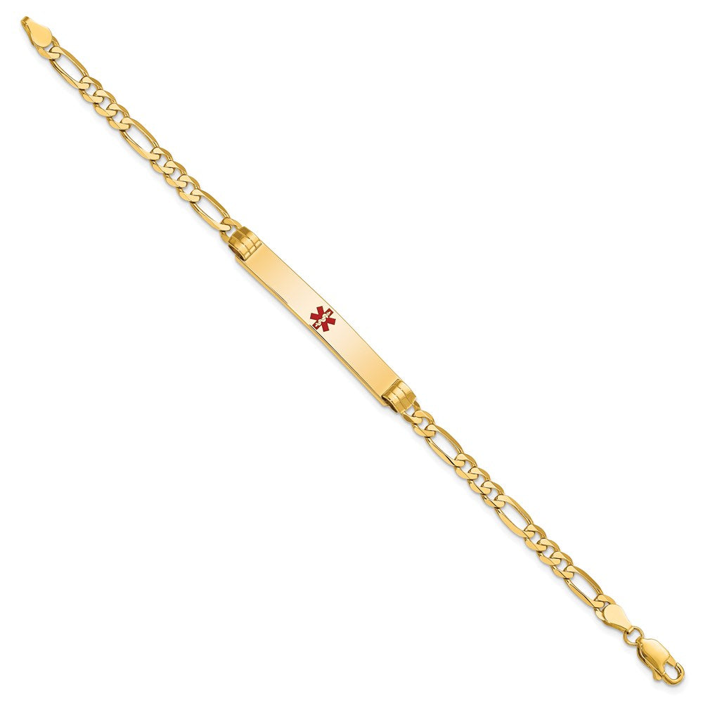 14K Medical Solid Chain/Solid Plate 37x6mm Centered Red Enamel Figaro Link 8 inch ID Bracelet