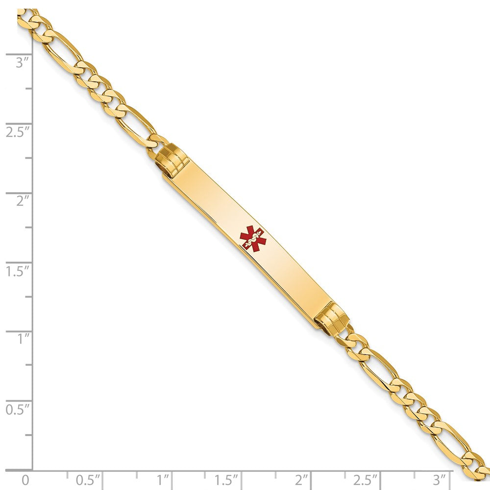 14K Medical Solid Chain/Solid Plate 37x6mm Centered Red Enamel Figaro Link 8 inch ID Bracelet