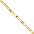 14K Medical Solid Chain/Solid Plate 37x6mm Centered Red Enamel Figaro Link 8 inch ID Bracelet