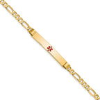 14K Medical Solid Chain/Solid Plate 37x6mm Centered Red Enamel Figaro Link 8 inch ID Bracelet