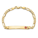 14K Medical Solid Chain/Solid Plate 37x6mm Off-Center Red Enamel Figaro Link 8 inch ID Bracelet