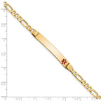 14K Medical Solid Chain/Solid Plate 37x6mm Off-Center Red Enamel Figaro Link 8 inch ID Bracelet