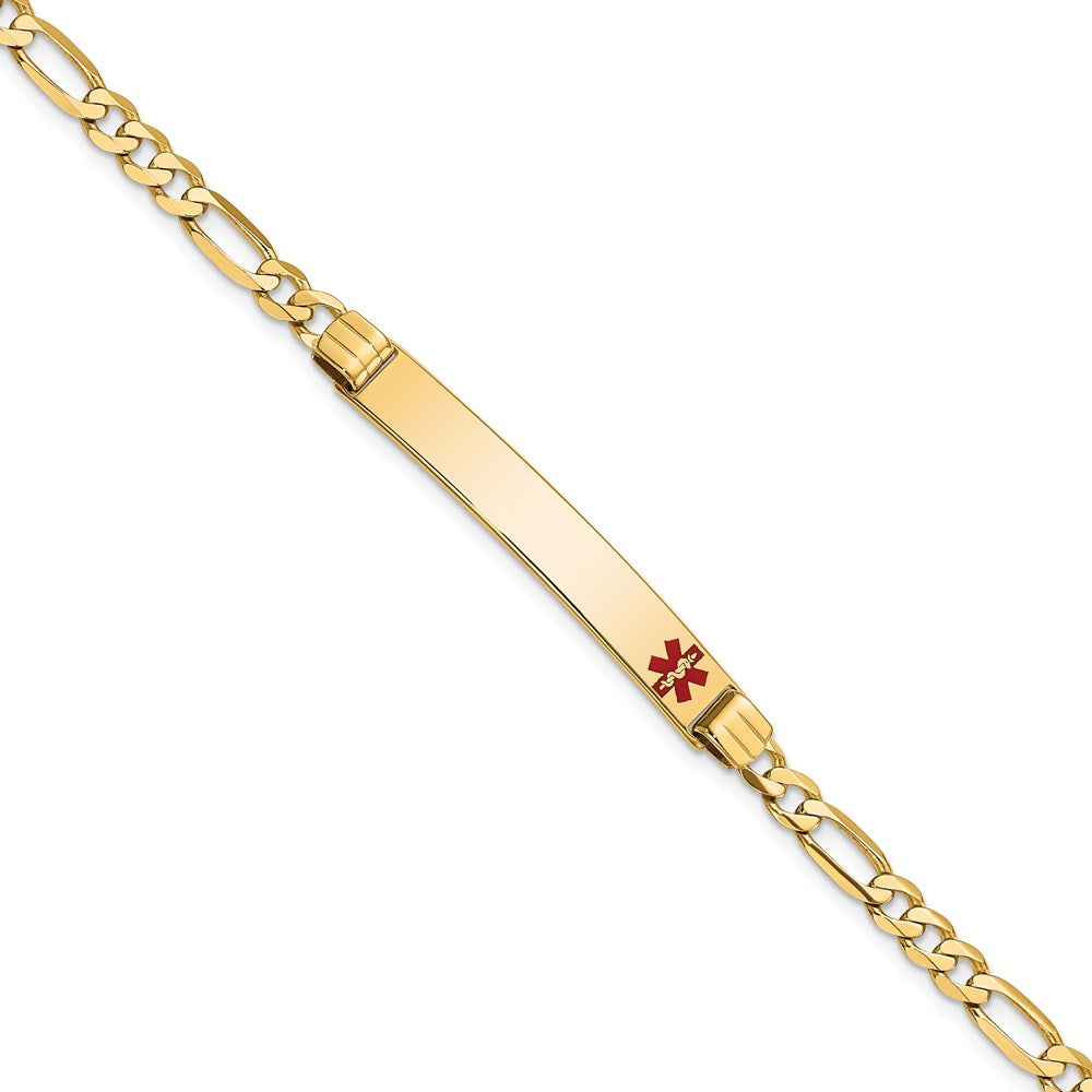 14K Medical Solid Chain/Solid Plate 37x6mm Off-Center Red Enamel Figaro Link 8 inch ID Bracelet