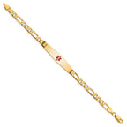 14K Medical Solid Chain/Solid Plate Soft Diamond Shape 36x9mm Centered Red Enamel Flat Figaro Link 7 inch ID Bracelet