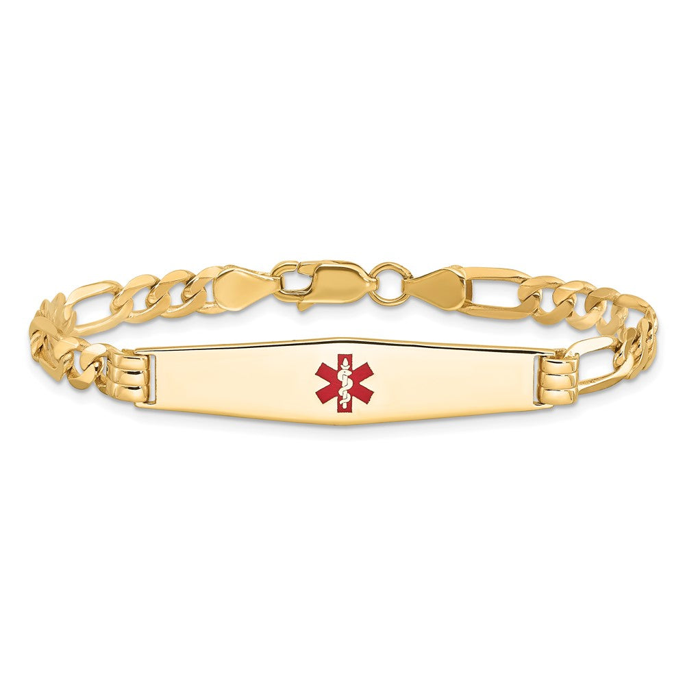 14K Medical Solid Chain/Solid Plate Soft Diamond Shape 36x9mm Centered Red Enamel Flat Figaro Link 8 inch ID Bracelet
